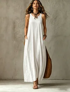 Elegant white sleeveless maxi dress with pockets for summer bohemian style fashion