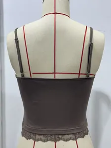 Back view of brown slim fit cropped camisole top with delicate lace trim detail