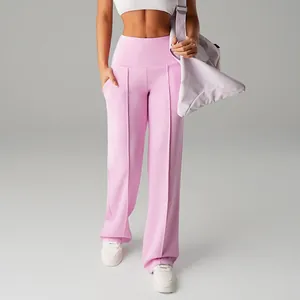 Women's high-waisted wide-leg pink yoga pants for outdoor running and gym fitness