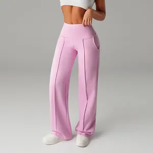 Premium high-waisted pink wide-leg yoga pants for women's outdoor running and fitness