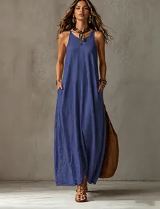 Elegant solid blue sleeveless maxi dress with pockets in a soft textured fabric