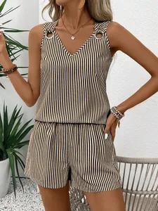Striped sleeveless V-neck top and matching high-waisted shorts casual summer set