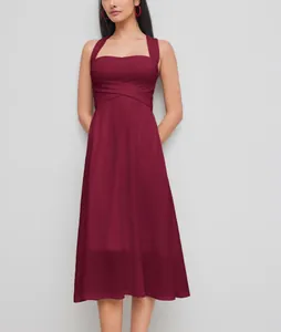 Robe midi élégante bordeaux de style français avec taille croisée et décolleté carré
