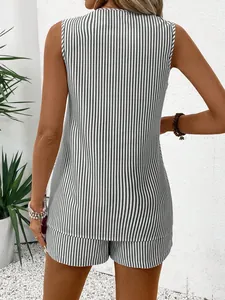 Back view of a casual striped sleeveless vest and high-waist shorts set for women