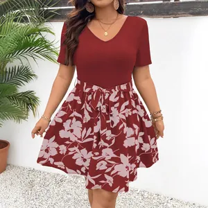 Elegant plus size V-neck floral patchwork dress with short sleeves and adjustable waist tie