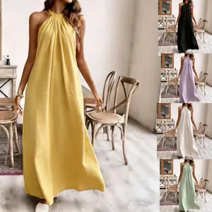 Damen Halter Neck Maxi Kleid Sommer Ärmellos Einfarbig Plissiert Locker Casual Urlaub Strand Langes A-Linie Kleid