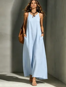 Elegant light blue sleeveless maxi dress with side pockets and a flowing silhouette.