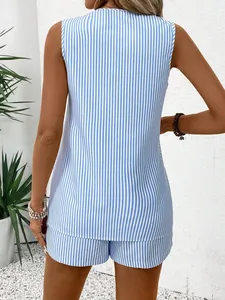 Rear view of women's blue and white striped sleeveless top and matching shorts set.