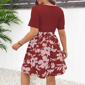 Elegant red patchwork floral print V-neck dress for women summer casual outdoor style