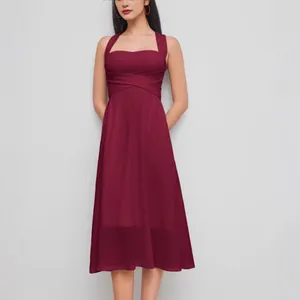 Élégante robe mi-longue évasée bordeaux de style français sans manches à col carré été