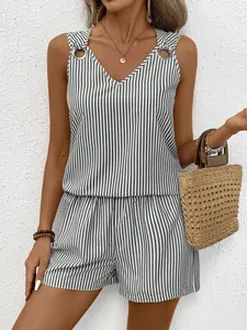 Detail view of women's striped tank top and shorts set with metal ring V-neck