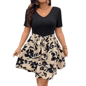 Plus size women's patchwork V-neck dress with floral print skirt and bow belt for summer
