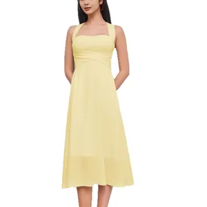 Robe mi-longue évasée élégante jaune clair à col carré sans manches de style français