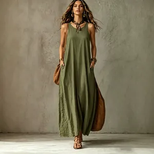Elegant women's sleeveless olive green maxi dress with a relaxed slim fit style