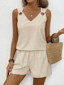 Detailed view of women's striped V-neck sleeveless top and high waist shorts set