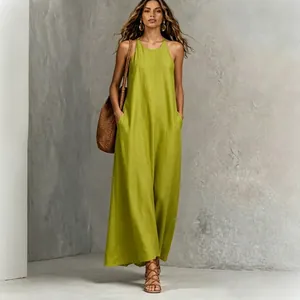 Elegant lime green sleeveless halter maxi dress for women in summer resort style