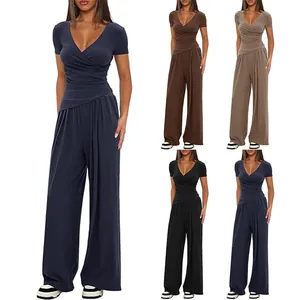 Damen Casual Einfarbig Top And Bottom Bequem Strick V-Ausschnitt Kurzarm Oberteil Mit Weitem Bein Hosen Set Home Outdoor Kleidung