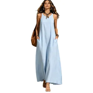 Chic light blue sleeveless floor-length maxi dress with functional side pockets.