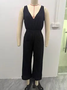 Detailed view of a black V-neck sleeveless wide-leg jumpsuit on a mannequin