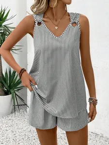 Women's casual striped V-neck sleeveless top and high-waist shorts set with metal rings