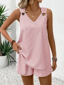 Summer chic: Red and white striped two-piece set featuring V-neck tank top and shorts