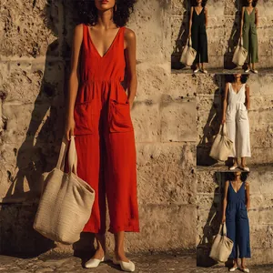 Collection of summer cotton linen V-neck sleeveless jumpsuits in five different colors