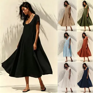 Abito lungo casual in cotone e lino con scollo a U e maniche corte estive