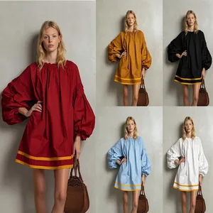 Women Casual Color Block Bubble Sleeve Mini Dress Round Neck Loose Vacation Babydoll Dress Polyester Stitched Clothing
