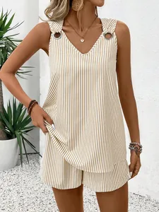 Elegant women's two-piece striped summer set featuring a V-neck tank top and high-waisted shorts