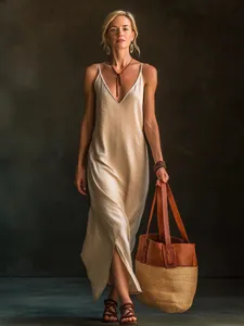 Elegant beige V-neck sleeveless long slip dress with side slit for summer vacation style