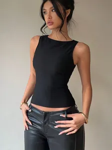 Detailed view of a premium black sleeveless slim fit elastic tank top for summer wear