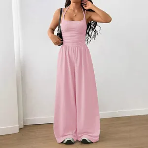 Relaxed summer style casual pink halter neck wide-leg jumpsuit for women in sku variant