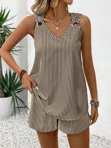 Striped V-neck sleeveless tank top and high-waisted shorts set with metal ring details