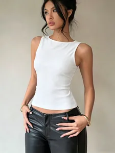 Close-up of white ribbed sleeveless tank top featuring a slim fit and classic round neck