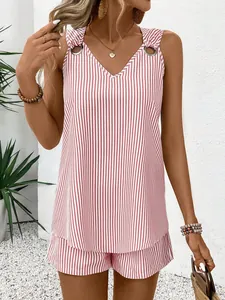 Detail of summer pink stripe V-neck tank top with metal ring straps and matching shorts