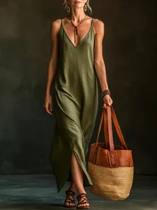 Chic olive green V-neck sleeveless slit maxi dress for resort style vacation