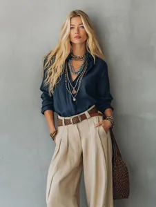 Close-up detail view of high-waisted wide-leg trousers in beige with pleated design
