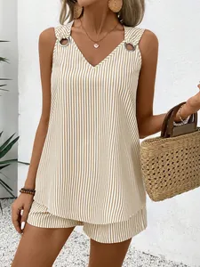 Detailed shot of striped v-neck sleeveless tank top and high waist shorts set