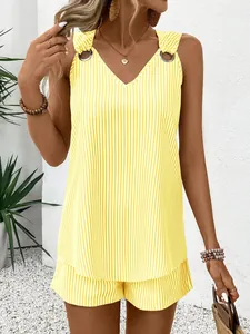 Yellow and white striped two-piece summer set with V-neck sleeveless top and shorts