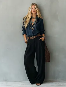 Detailed view of elegant high-waisted wide-leg black trousers with a fluid drape.