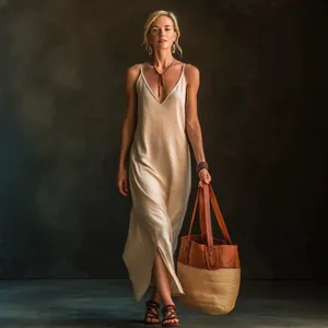 Elegant sleeveless beige summer maxi slip dress with V-neck and side slit for vacation style