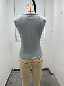 Detailed back view of grey ribbed knit fabric on a slim-fit sleeveless tank top.