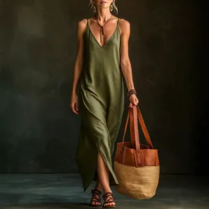 Chic olive green V-neck sleeveless maxi dress with side slit for summer vacations