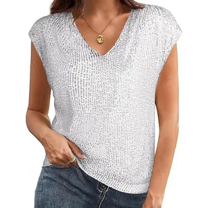 Elegante zilveren V-hals pailletten vest voor feest, fonkelende zomer top voor dames