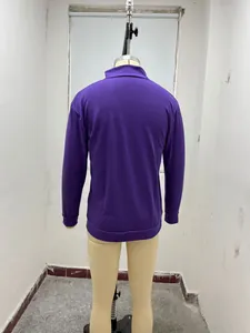 Detailed back view of a purple long-sleeved men's casual wool fleece polo shirt