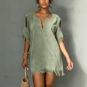 Boho sage green suede-like mini dress with fringe details and cold-shoulder design