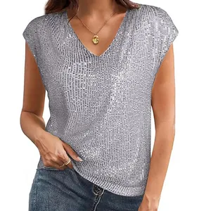 Sexy dames tanktop met zilveren pailletten en V-hals voor glinsterende zomerse feestavonden
