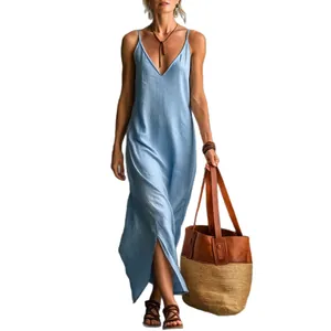 Elegant light blue sleeveless V-neck maxi dress with a side split for summer resort wear