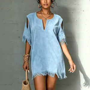Western style light blue faux suede tassel mini dress with V-neck and cold shoulder sleeves