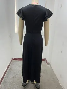 Back view of elegant black solid color maxi dress with ruffled flutter sleeves and waist detail